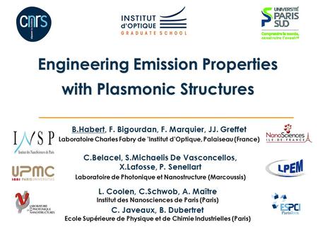 L. Coolen, C.Schwob, A. Maître Institut des Nanosciences de Paris (Paris) Engineering Emission Properties with Plasmonic Structures B.Habert, F. Bigourdan,