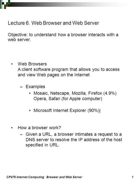 CP476 Internet Computing Browser and Web Server 1 Web Browsers A client software program that allows you to access and view Web pages on the Internet –Examples.