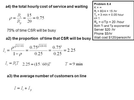 Problem 8.4 K = ∞ R i = 60/4 = 15 /hr T p = 3 min = 0.05 hour c= 1 R p = c/Tp = 20 /hour Both Ti and Tp exponential Server $20 /hr Phone $5/hr Wait cost.