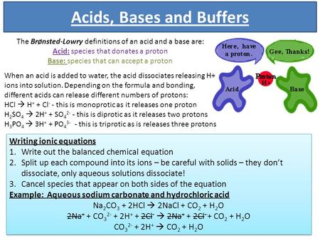 Acids, Bases and Buffers The Br Ø nsted-Lowry definitions of an acid and a base are: Acid: species that donates a proton Base: species that can accept.