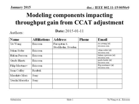 Submission doc.: IEEE 802.11-15/0050r0 January 2015 Yu Wang et al., EricssonSlide 1 Modeling components impacting throughput gain from CCAT adjustment.