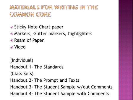  Sticky Note Chart paper  Markers, Glitter markers, highlighters  Ream of Paper  Video (Individual) Handout 1- The Standards (Class Sets) Handout 2-