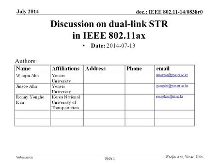 Submission doc.: IEEE 802.11-14/0838r0 July 2014 Woojin Ahn, Yonsei Univ. Slide 1 Discussion on dual-link STR in IEEE 802.11ax Date: 2014-07-13 Authors:
