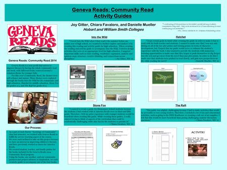 Geneva Reads: Community Read Activity Guides Joy Gitter, Chiara Favaloro, and Danielle Mueller Hobart and William Smith Colleges Geneva Reads: Community.