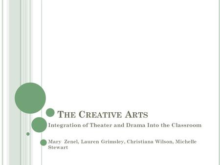 T HE C REATIVE A RTS Integration of Theater and Drama Into the Classroom Mary Zenel, Lauren Grimsley, Christiana Wilson, Michelle Stewart.