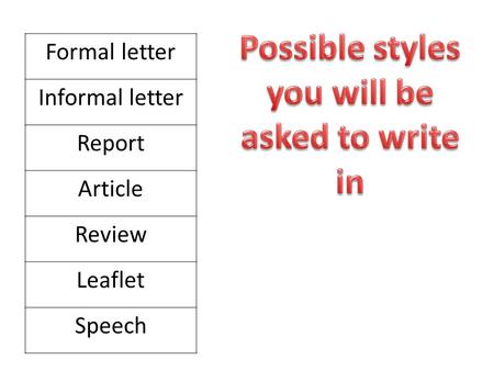 Possible styles you will be asked to write in