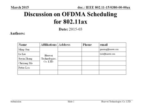 Doc.: IEEE 802.11-15/0380-00-00ax Submission March 2015 Slide 1 Discussion on OFDMA Scheduling for 802.11ax Date: 2015-03 Authors: Huawei Technologies.