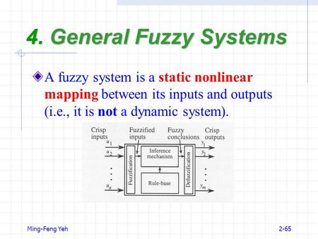 Ming-Feng Yeh2-65 4. General Fuzzy Systems A fuzzy system is a static nonlinear mapping between its inputs and outputs (i.e., it is not a dynamic system).
