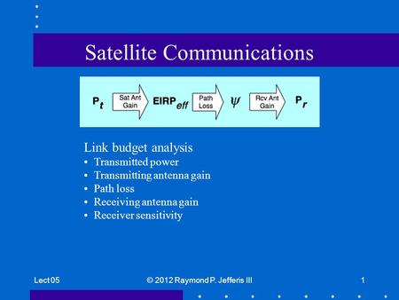 Lect 05© 2012 Raymond P. Jefferis III1 Satellite Communications Link budget analysis Transmitted power Transmitting antenna gain Path loss Receiving antenna.