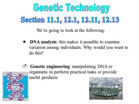 Genetic engineering ­ Genetic engineering: manipulating DNA or organisms to perform practical tasks or provide useful products We’re going to look at the.