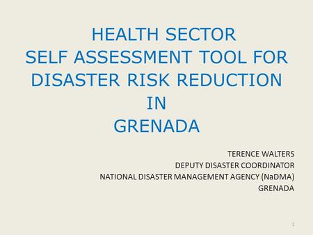 HEALTH SECTOR SELF ASSESSMENT TOOL FOR DISASTER RISK REDUCTION IN GRENADA TERENCE WALTERS DEPUTY DISASTER COORDINATOR NATIONAL DISASTER MANAGEMENT AGENCY.