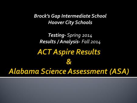 Brock’s Gap Intermediate School Hoover City Schools Testing- Spring 2014 Results / Analysis- Fall 2014.
