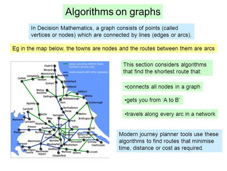 Algorithms on graphs In Decision Mathematics, a graph consists of points (called vertices or nodes) which are connected by lines (edges or arcs). Eg in.