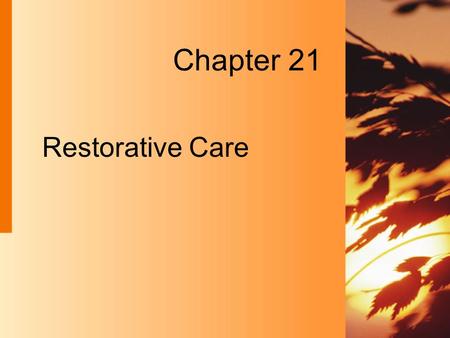 Restorative Care Chapter 21. 21-2 Copyright 2004 by Delmar Learning, a division of Thomson Learning, Inc. Restorative Care  Takes place in many types.