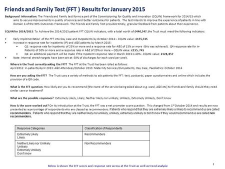 Friends and Family Test (FFT ) Results for January 2015 1 Background Information: The Friends and Family test forms a part of the Commissioning for Quality.