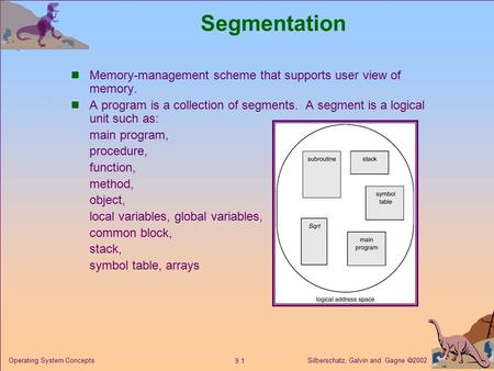 Silberschatz, Galvin and Gagne  2002 9.1 Operating System Concepts Segmentation Memory-management scheme that supports user view of memory. A program.