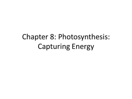 Chapter 8: Photosynthesis: Capturing Energy. Photosynthesis: – absorb and convert light energy into stored chemical energy of organic molecules.