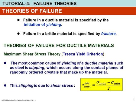 THEORIES OF FAILURE THEORIES OF FAILURE FOR DUCTILE MATERIALS