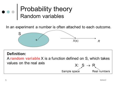Lecture 2 1 Probability theory Random variables Definition: A random variable X is a function defined on S, which takes values on the real axis In an experiment.