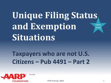 TAX-AIDE Unique Filing Status and Exemption Situations Taxpayers who are not U.S. Citizens – Pub 4491 – Part 2 NTTC Training – 2014 1 Entire Lesson.