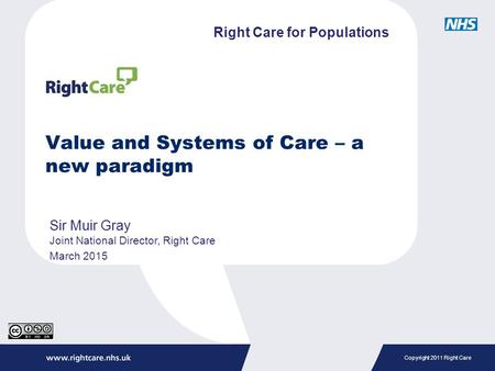 Copyright 2011 Right Care Value and Systems of Care – a new paradigm Sir Muir Gray Joint National Director, Right Care March 2015 Right Care for Populations.