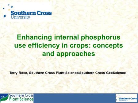 Terry Rose, Southern Cross Plant Science/Southern Cross GeoScience Enhancing internal phosphorus use efficiency in crops: concepts and approaches.