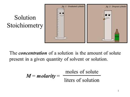 1 Solution Stoichiometry The concentration of a solution is the amount of solute present in a given quantity of solvent or solution. M = molarity = moles.