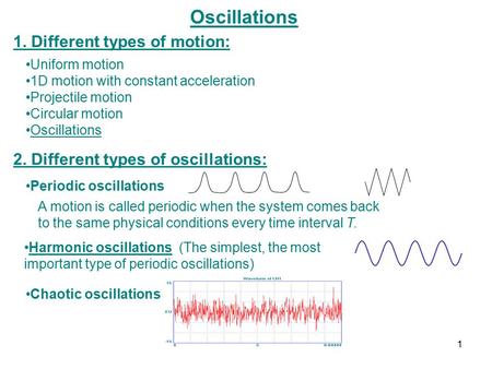 Oscillations 1. Different types of motion: Uniform motion 1D motion with constant acceleration Projectile motion Circular motion Oscillations 2. Different.