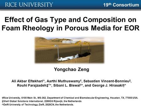 19th Consortium Effect of Gas Type and Composition on Foam Rheology in Porous Media for EOR Yongchao Zeng Ali Akbar Eftekhari┴, Aarthi Muthuswamy†, Sebastien.