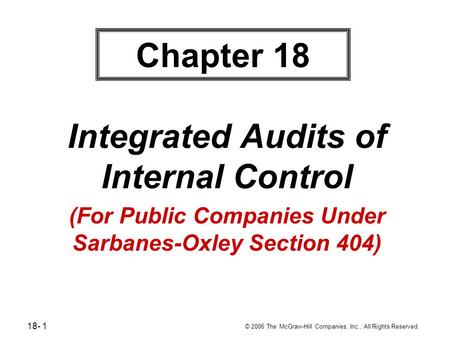 18- 1 © 2006 The McGraw-Hill Companies, Inc., All Rights Reserved. Chapter 18 Integrated Audits of Internal Control (For Public Companies Under Sarbanes-Oxley.