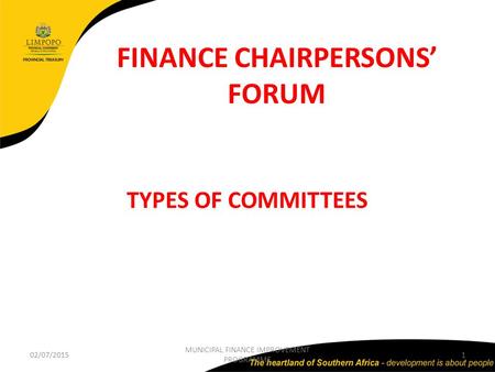 02/07/2015 MUNICIPAL FINANCE IMPROVEMENT PROGRAMME 1 FINANCE CHAIRPERSONS’ FORUM TYPES OF COMMITTEES.