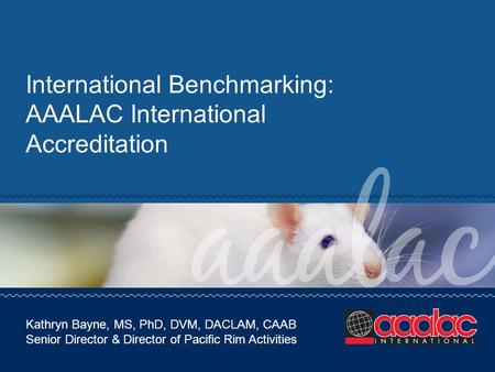 International Benchmarking: AAALAC International Accreditation Kathryn Bayne, MS, PhD, DVM, DACLAM, CAAB Senior Director & Director of Pacific Rim Activities.