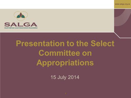 Www.salga.org.za 1 Presentation to the Select Committee on Appropriations 15 July 2014.