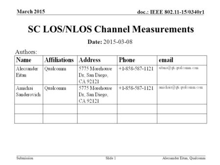 Submission doc.: IEEE 802.11-15/0340r1 March 2015 Alecsander Eitan, QualcommSlide 1 SC LOS/NLOS Channel Measurements Date: 2015-03-08 Authors: