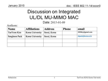 Submission doc.: IEEE 802.11-14/xxxxr0 TaeYoon KIM, Korea University January 2015 1 Discussion on Integrated UL/DL MU-MIMO MAC Date: 2015-01-09 Authors: