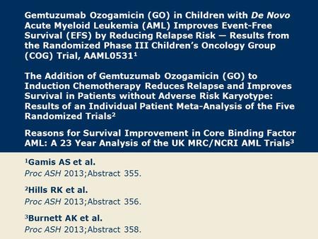 Gemtuzumab Ozogamicin (GO) in Children with De Novo Acute Myeloid Leukemia (AML) Improves Event-Free Survival (EFS) by Reducing Relapse Risk — Results.
