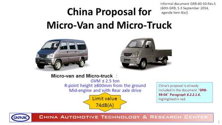 China Proposal for Micro-Van and Micro-Truck Micro-van and Micro-truck ： GVM ≤ 2.5 ton R-point height ≥800mm from the ground Mid-engine and with Rear axle.