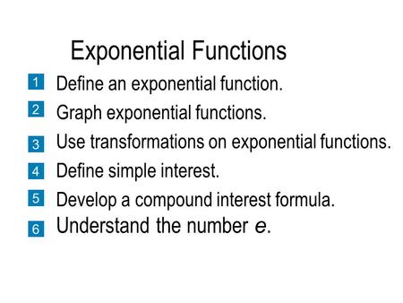 Exponential Functions Define an exponential function. Graph exponential functions. Use transformations on exponential functions. Define simple interest.