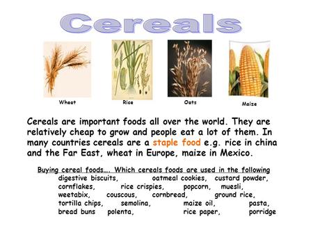 Cereals are important foods all over the world. They are relatively cheap to grow and people eat a lot of them. In many countries cereals are a staple.