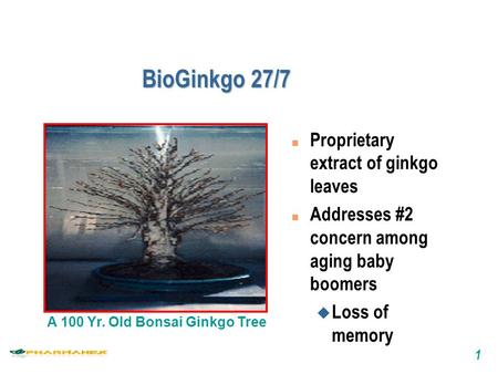 1 BioGinkgo 27/7 A 100 Yr. Old Bonsai Ginkgo Tree n Proprietary extract of ginkgo leaves n Addresses #2 concern among aging baby boomers u Loss of memory.
