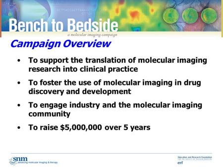 To support the translation of molecular imaging research into clinical practice To foster the use of molecular imaging in drug discovery and development.