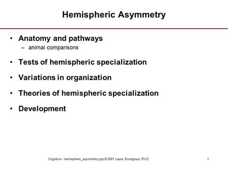 Cognitive - hemispheric_asymmetry.ppt © 2001 Laura Snodgrass, Ph.D.1 Hemispheric Asymmetry Anatomy and pathways –animal comparisons Tests of hemispheric.