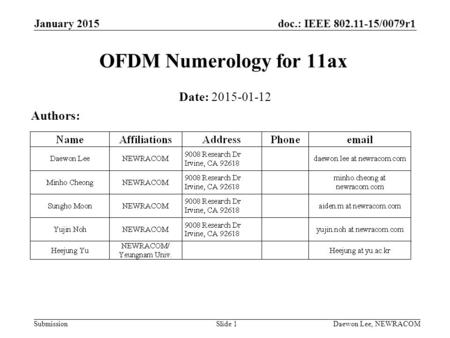 OFDM Numerology for 11ax Date: Authors: January 2015