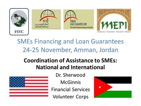 SMEs Financing and Loan Guarantees 24-25 November, Amman, Jordan Coordination of Assistance to SMEs: National and International Dr. Sherwood McGinnis Financial.