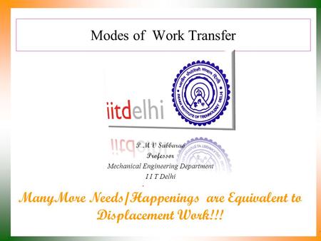 Modes of Work Transfer P M V Subbarao Professor Mechanical Engineering Department I I T Delhi ManyMore Needs/Happenings are Equivalent to Displacement.