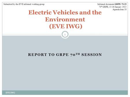 REPORT TO GRPE 70 TH SESSION EVE IWG 1 Electric Vehicles and the Environment (EVE IWG) Informal document GRPE-70-23 70 th GRPE, 15-16 January 2015 Agenda.