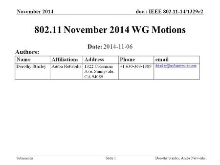 Doc.: IEEE 802.11-14/1329r2 Submission November 2014 802.11 November 2014 WG Motions Date: 2014-11-06 Authors: Dorothy Stanley, Aruba NetworksSlide 1.