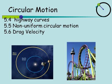 5.4 highway curves 5.5 Non-uniform circular motion 5.6 Drag Velocity