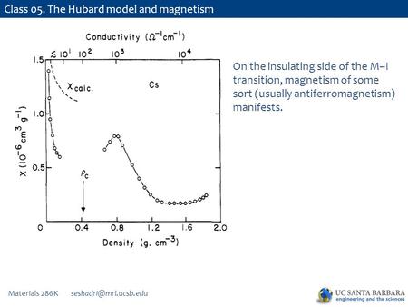 Materials 286K Class 05. The Hubard model and magnetism On the insulating side of the M–I transition, magnetism of some sort (usually.