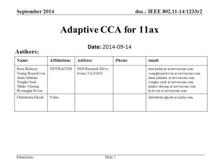 Doc.: IEEE 802.11-14/1233r2 Submission Adaptive CCA for 11ax September 2014 Slide 1 Date: 2014-09-14 Authors: NameAffiliationsAddressPhoneemail Reza Hedayat.